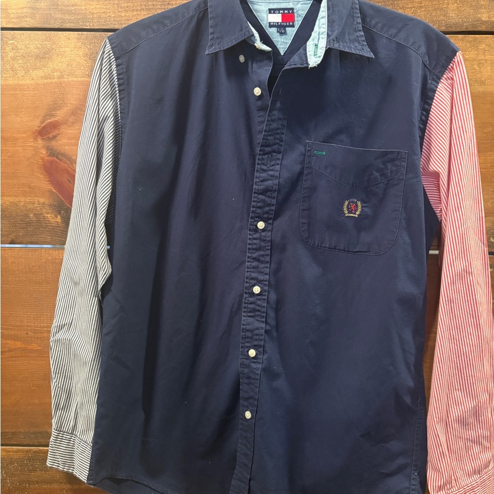 Tommy Hilfiger Navy Button-Up Shirt with Red & Black Striped Sleeves